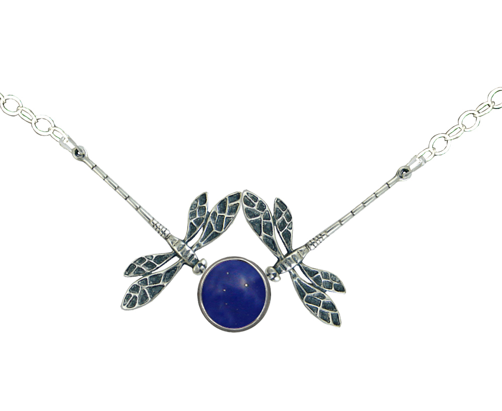 Sterling Silver Double Dragonfly Necklace With Lapis Lazuli